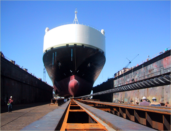 Vessel Being Pulled onto Dock - 12,000 Ton Capacity Transfer System for Existing Floating Dock